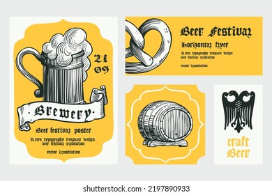 Oktoberfest vector banners set. Hand drawn pretzel, eagle, mug, barrel, and ribbon engraving style illustration. Perfect for beer festival invitations, line drawing labels, posters, sketch style cards