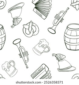 Oktoberfest vector black white seamless pattern isolated. Wooden beer barrel, German hat and musical instruments monochrome painted in line art. Beer festival objects on repeated texture by outline.