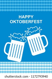 Oktoberfest vector card. Glass of beer. Foam beer in the mug. Clink glasses. Festival. Happy Oktoberfest. 