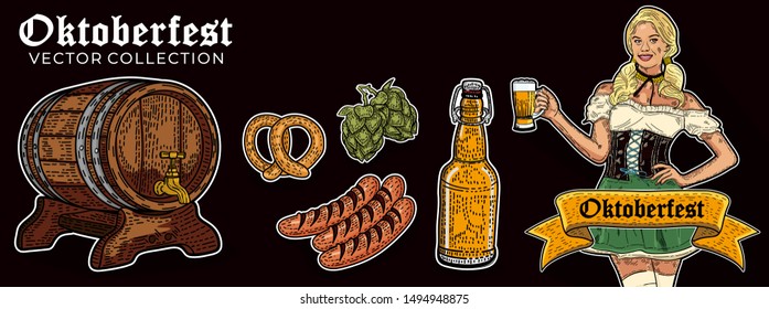 Oktoberfest vector collection illustration of girl, pretzel, Beer tap, bottle of beer, sausage, etc. Vintage vector illustration on dark background