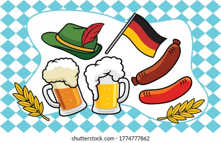 Oktoberfest vector design elements and props on blue checkered background