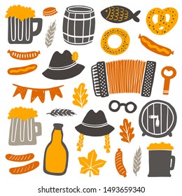 Oktoberfest vector elements set. Traditional German festival objects. Beer glass, barrel, hat, sausage, bagel grunge silhouette celebration collection. Poster, banner, print design