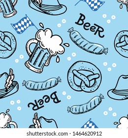 Oktoberfest. Vector flat blue seamless pattern for German beer festival in Munich. Hand Drawn Lettering with picture of beer mug, barbecue sausage, pretzel and Bavarian flag. For background; wrapping