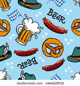 Oktoberfest. Vector flat blue seamless pattern for German beer festival in Munich. Hand Drawn Lettering with picture of beer mug, barbecue sausage, pretzel and Bavarian flag. Wrapping paper, souvenir