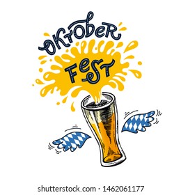 Oktoberfest. Vector flat color illustration for German beer festival in Munich. Hand Drawn Lettering with picture of beer mug with foam splash and wings with Bavarian flag. For poster, menu, flyer.