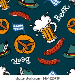 Oktoberfest. Vector flat color seamless pattern for German beer festival in Munich. Hand Drawn Lettering with picture of beer mug, barbecue sausage, pretzel and Bavarian flag. Wrapping paper, souvenir