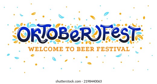 Tarjeta de saludo vectorial Oktoberfest, fuente caligráfica creativa para el festival de cerveza alemán con modernos remolinos y hojas voladoras, tipografía de moda original para palabra de Oktoberfest sobre fondo blanco.