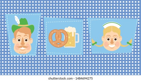 Oktoberfest vector icon set with man, woman, pretzel and beer. Vector illustration in flat style isolated on traditional blue and white pattern background. Set of funny stickers for Oktoberfest