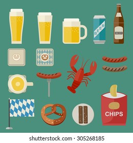 Oktoberfest vector icons with beer, sausage, brezel etc... in flat style on green background.