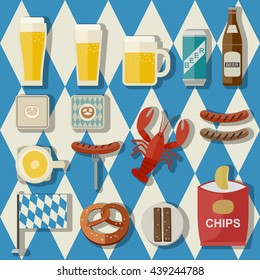 Oktoberfest vector icons with beer, sausage, brezel etc... in flat style on Bavarian flag background.