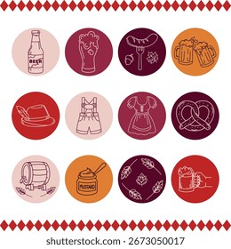 Conjunto de iconos vectoriales de Oktoberfest con botellas de cerveza, tazas, pretzel, salchichas, mostaza, barril, sombrero, lederhosen y dirndl en etiquetas de cerveza de estilo de línea plana, logotipo, elemento de diseño, impresión, insignia
