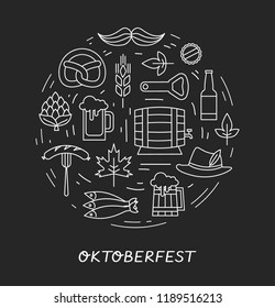 Oktoberfest vector illustration. Beer festival line icons on black background