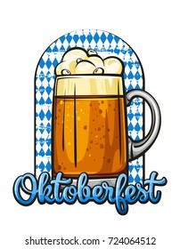 Oktoberfest. Vector illustration of beer mug with calligraphy and Bavarian flag on white background. Bavarian folk festivities. Oktoberfest celebration design 1.1