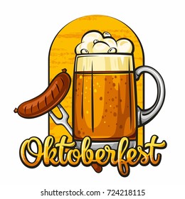 Oktoberfest. Vector illustration of beer mug with sausage and calligraphy on white background. German folk festivities. Oktoberfest celebration design 1.1