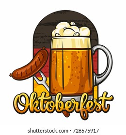 Oktoberfest. Vector illustration of beer mug with sausage and calligraphy on white background. German flag. German folk festivities. Oktoberfest celebration design 1.1