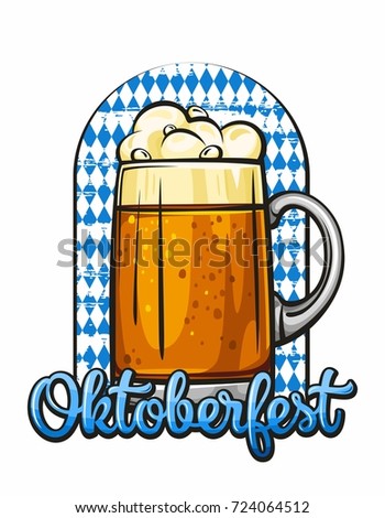 Oktoberfest. Vector illustration of beer mug with calligraphy and Bavarian flag on white background. Bavarian folk festivities. Oktoberfest celebration design 1.1