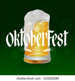 Oktoberfest Vector Illustration with Hand Lettered Text and Beer Mug with a green background.