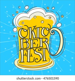 Oktoberfest Vector Illustration with Hand Lettered Text and Beer Mug with a blue background.