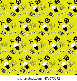 Oktoberfest vector illustration. Seamless texture, background. Beer, wheat, frag, sausage, bread and pretzel