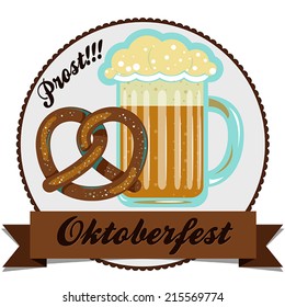 Oktoberfest vector illustration in traditional style with beer and pretzel, ribbon 