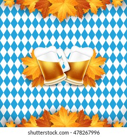 Oktoberfest vector illustration. Two beer mugs on the background of the flag of Bavaria. 