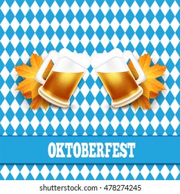 Oktoberfest vector illustration. Two beer mugs on the background of the flag of Bavaria. 