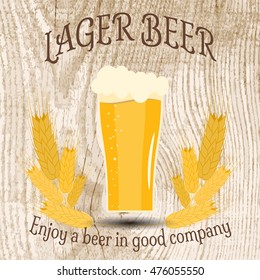 Oktoberfest vector image with goblet of beer and wheat on the wood texture background.