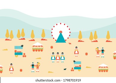 Oktoberfest vector landscape. Vector EPS 10. Beer festival ferris wheel, beer shops, musicians, tyrolean hat, beer barrels, girls. Cartoon flat illustration. All elements are isolated.