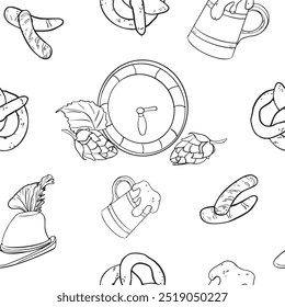 Oktoberfest vector monochrome seamless pattern isolated. Wooden beer barrel and mug, German hat black white linear painted. Hop cones, pretzel, sausages black white contour on repeated texture.