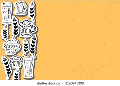 Oktoberfest vector objects on yellow-orange textured background with shadow and thick stroke. Beer Festival vector banner. Beer mugs and heads of grain. for logo, poster, card, website, invitation.