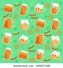 Oktoberfest vector pattern with beer mug foam, pretzei, sausage, wheat. Colorful illustration on light green background.