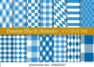 
Patrones vectores Oktoberfest en Bavarian Blue and White Lozenge, Diamond, Harlequin, Stripes, Checks y Gingham. Tradicionales antecedentes del Festival Folclórico Alemán. Se Incluyeron Muestras De Mosaico.