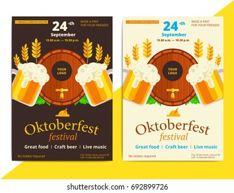 Oktoberfest vector poster background design. Octoberfest holiday banner layout. Party or event flyer with pattern and traditional bavarian symbols. Promo or promotional ad material.