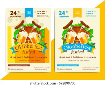 Oktoberfest vector poster background design. Octoberfest holiday banner layout. Party or event flyer with pattern and traditional bavarian symbols. Promo or promotional ad material.