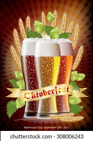 Oktoberfest Vector Poster Background with Glasses of Bear, Ears of Wheat , Hops and Traditional Munich Background. EPS 10