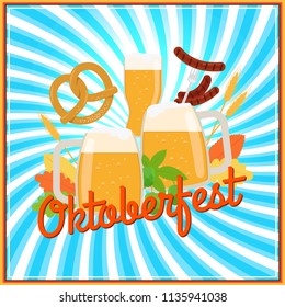 Oktoberfest vector poster banner template with beer and pretzels