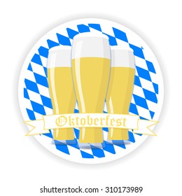 Oktoberfest vector round label. Bavarian flag background with glasses of beer.