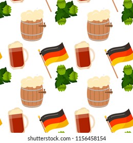 Oktoberfest vector seamless pattern alcohol party background design. October fest beer festival holiday repeating print. Greeting traditional bavarian german decoration.