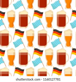 Oktoberfest vector seamless pattern alcohol party background design. October fest beer festival holiday repeating print. Greeting traditional bavarian german decoration.