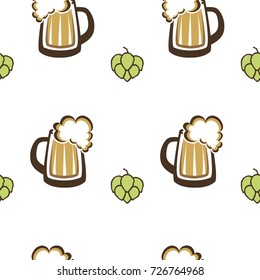 Oktoberfest vector seamless pattern. Beer mug with foam and hop flowers on white background. EPS10. Creative beer backdrop.