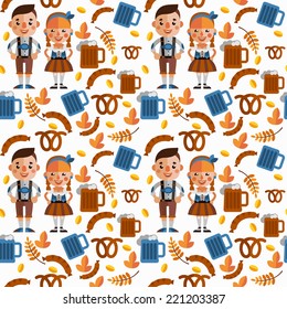 Oktoberfest vector seamless pattern with cartoon characters in Bavarian costumes, glasses of beer, pretzels and sausages. Stylish bavarian background with characters and traditional festival elements.