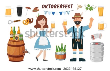 Oktoberfest vector set. Traditional beer festival clipart. Oktoberfest element with man and woman in traditional bavarian costume, barrel, keg, bottle, can of beer, accordion, , hop.