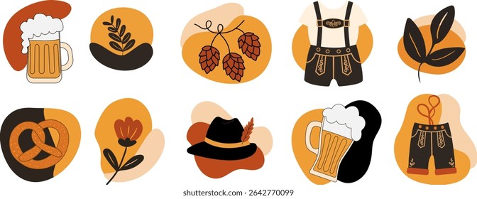 oktoberfest vetor adesivo conjunto com canecas de cerveja pretzels lederhosen e lúpulos em formas abstratas ideal alemão festival temático desenhos digitais adesivos web design