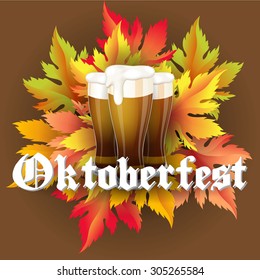 Oktoberfest vector wooden autumn background with leaves beer text with shadow