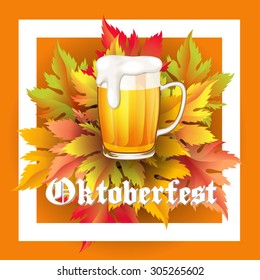 Oktoberfest vector wooden autumn background with leaves beer text with shadow