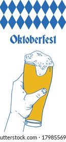 Oktoberfest vertical design template with hand holding beer glass and Bavarian flag. Hand drawn vector sketch illustration