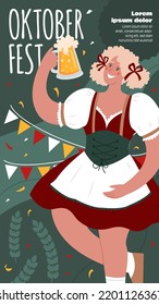 Banner vertical largo del Oktoberfest. Festival de Cervezas. Una mujer con un traje nacional alemán sostiene una taza de cerveza. Ilustración plana vectorial.