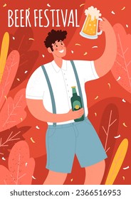 Oktoberfest vertical poster. Beer Festival. The man is drinking beer. Vector flat illustration.