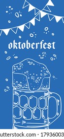 Oktoberfest vertical print template with glass of beer and decorations. Hand drawn outline vector sketch illustration