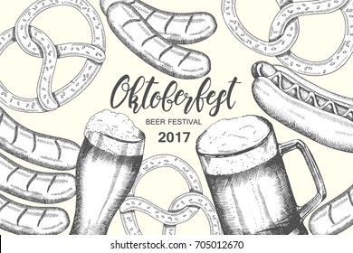 Oktoberfest vintage background. Beer festival design. Vector Hand drawn beer glass with sausage, hot dog and pretzel. Hand made lettering. Sketch. Banner, flyer, brochure, web. Advertising. 